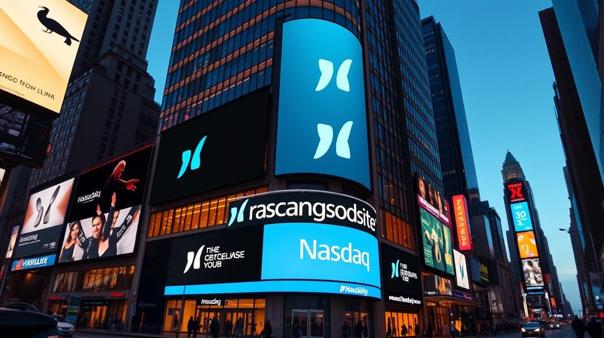 Nasdaq MarketSite building in Times Square with Bending Spoons branding on the digital billboard during IPO day