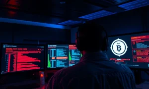 Security analyst monitoring blockchain attack alerts in a dimly lit operations center