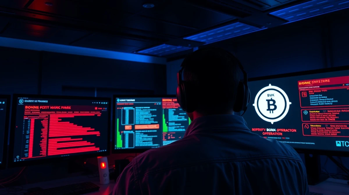 Security analyst monitoring blockchain attack alerts in a dimly lit operations center
