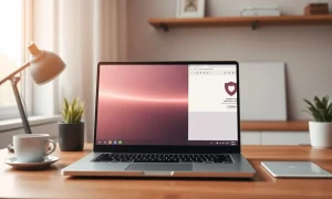 Modern laptop displaying an AI-powered browser interface on a desk with natural lighting