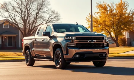 Chevrolet Silverado EV parked on a residential street in Detroit on a sunny autumn day.