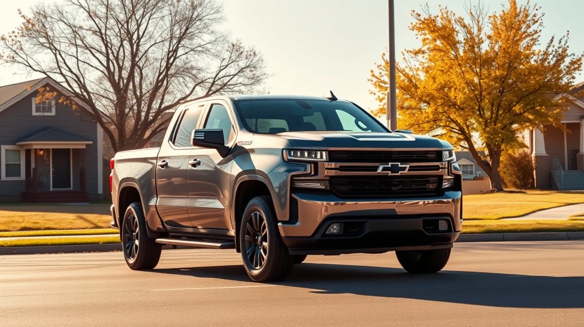 Chevrolet Silverado EV parked on a residential street in Detroit on a sunny autumn day.