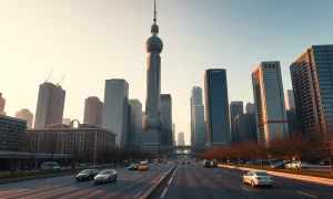 Beijing central business district skyline at sunset, representing China's economic and fiscal policy outlook.