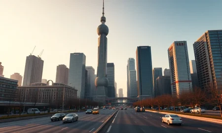 Beijing central business district skyline at sunset, representing China's economic and fiscal policy outlook.