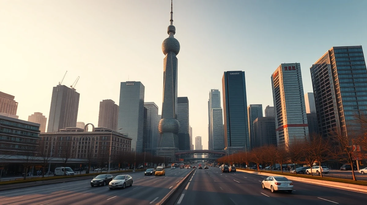 Beijing central business district skyline at sunset, representing China's economic and fiscal policy outlook.