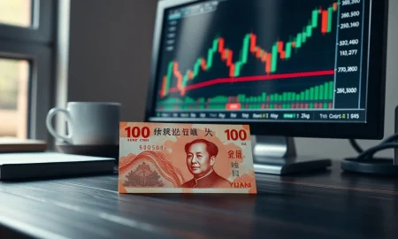 Chinese yuan note with financial chart on desk