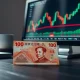 Chinese yuan note with financial chart on desk
