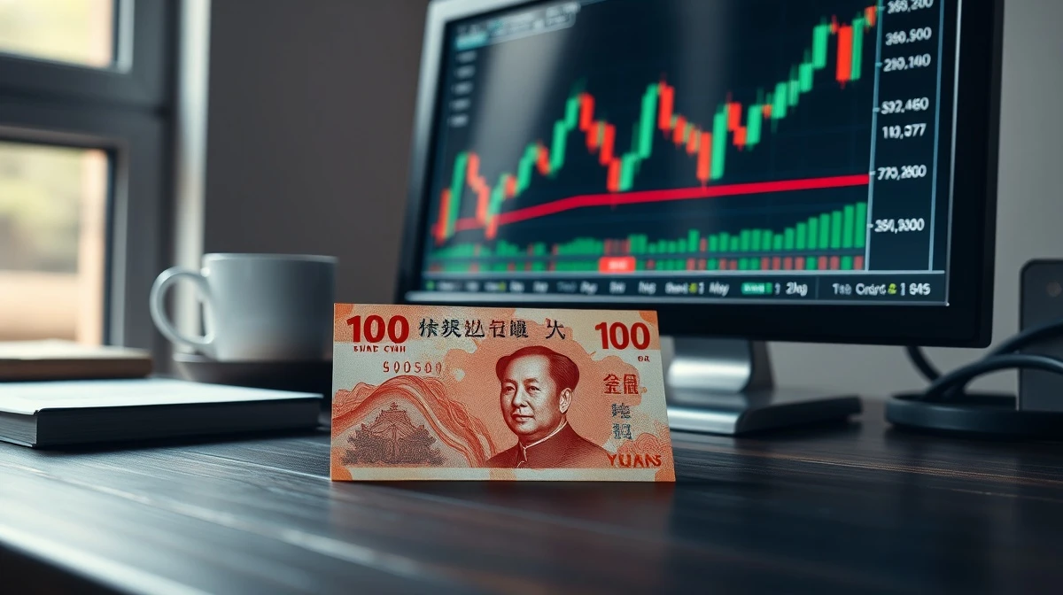 Chinese yuan note with financial chart on desk