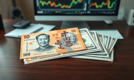 Chinese yuan and US dollar banknotes on a desk representing forex market analysis