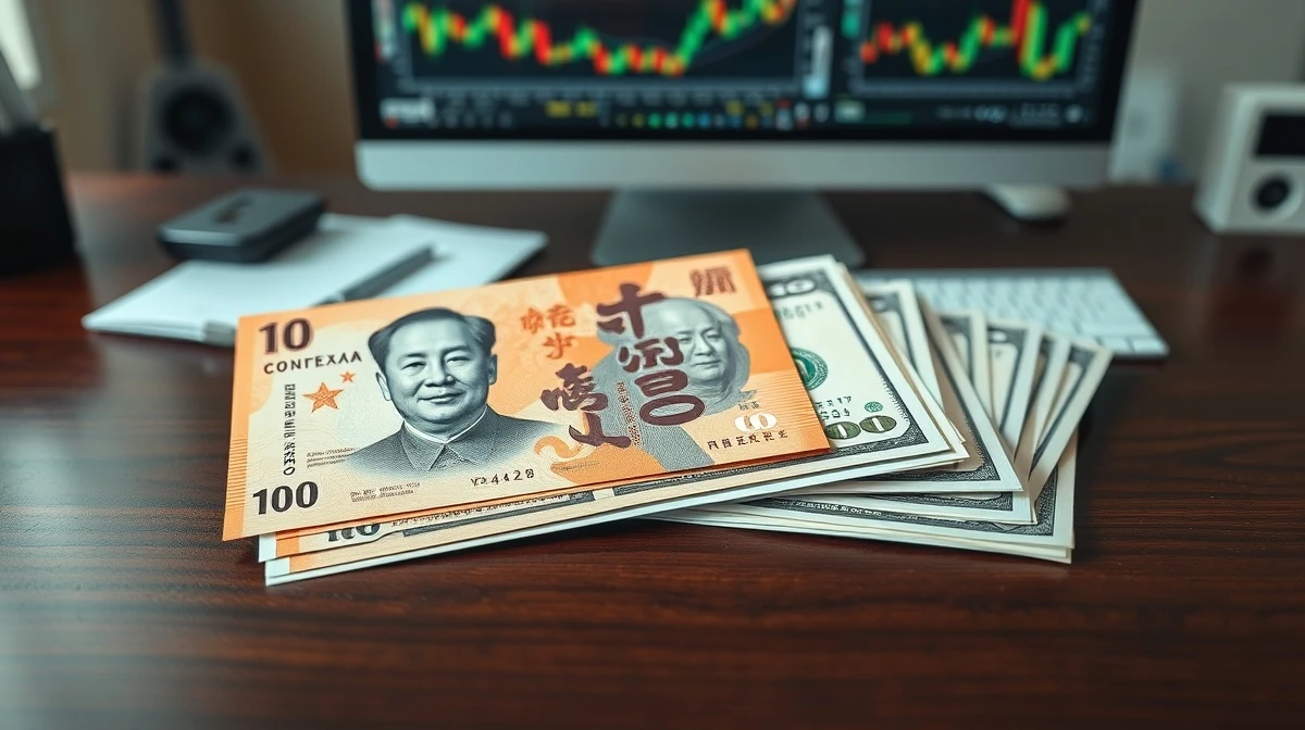 Chinese yuan and US dollar banknotes on a desk representing forex market analysis