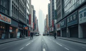 Overcast commercial street in Shanghai with few pedestrians and sale signs, reflecting economic stagnation