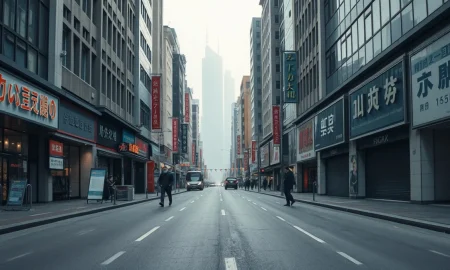 Overcast commercial street in Shanghai with few pedestrians and sale signs, reflecting economic stagnation
