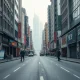 Overcast commercial street in Shanghai with few pedestrians and sale signs, reflecting economic stagnation