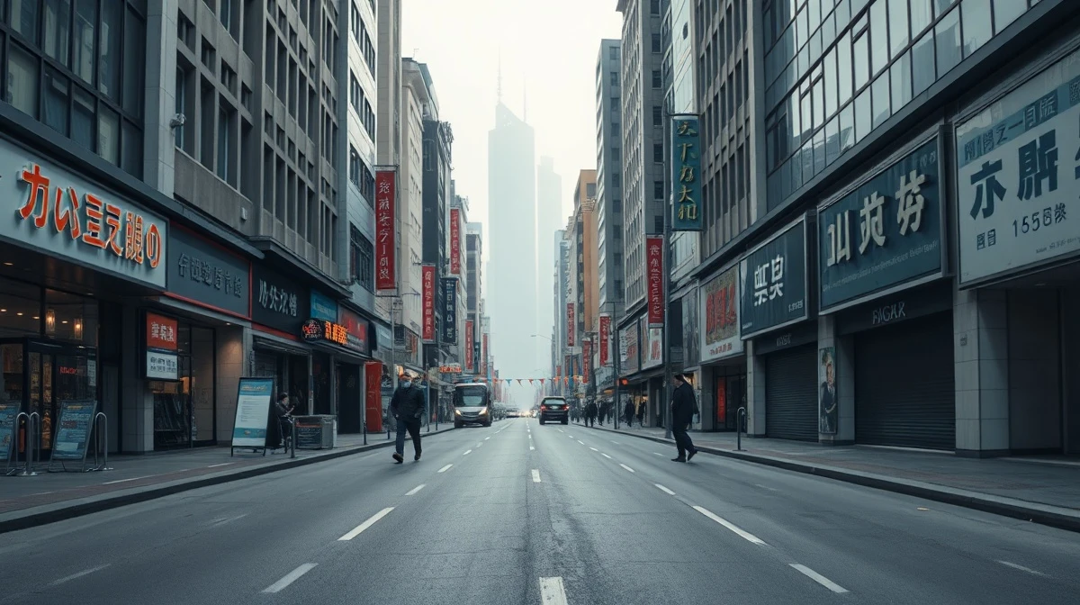 Overcast commercial street in Shanghai with few pedestrians and sale signs, reflecting economic stagnation