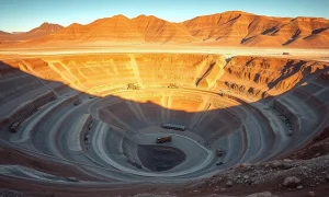 Aerial view of a large copper mine in Chile with terraced levels and mining trucks.
