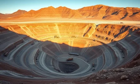 Aerial view of a large copper mine in Chile with terraced levels and mining trucks.