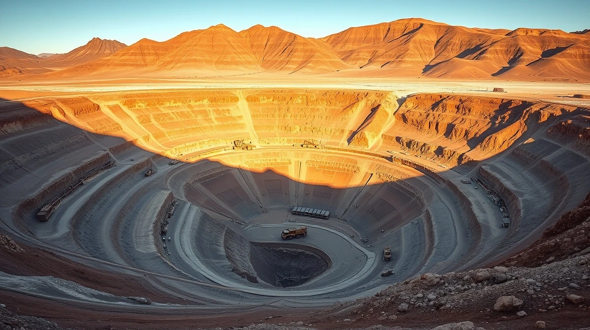 Aerial view of a large copper mine in Chile with terraced levels and mining trucks.