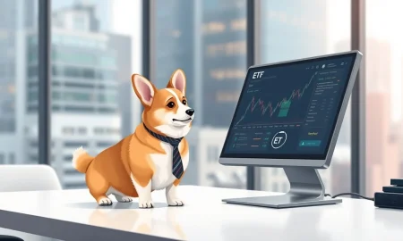 A corgi dog in a tie standing next to an ETF trading terminal in a modern office.