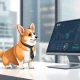 A corgi dog in a tie standing next to an ETF trading terminal in a modern office.