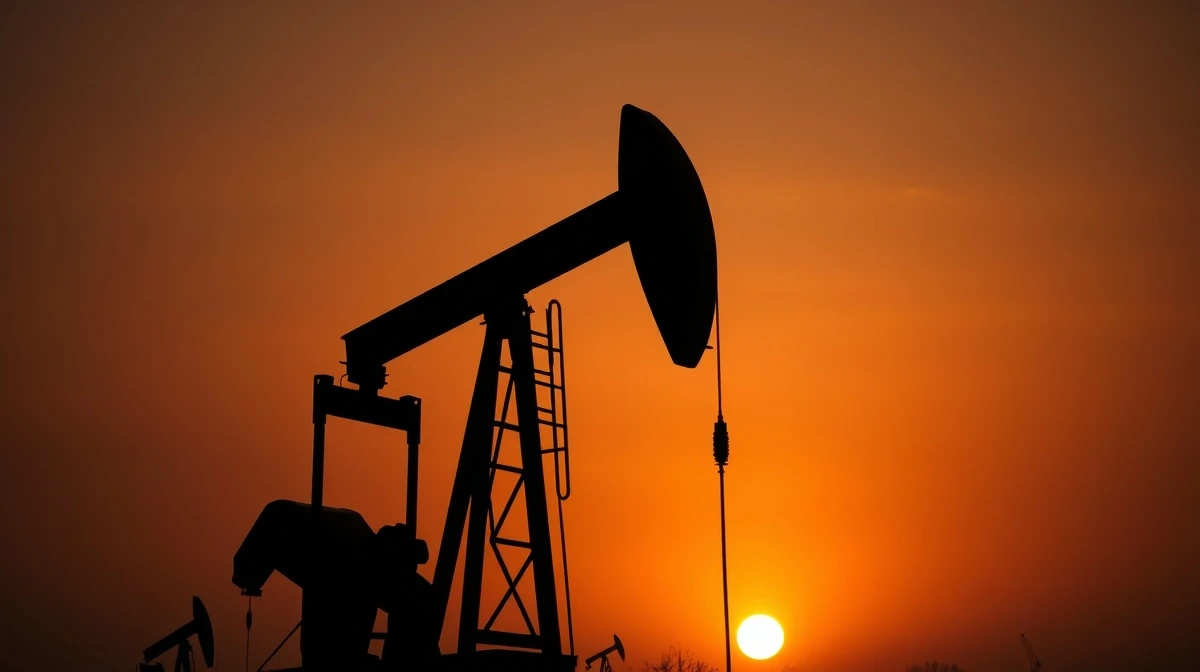 Oil pumpjack silhouetted against a hazy sunset sky, representing volatile crude oil markets.