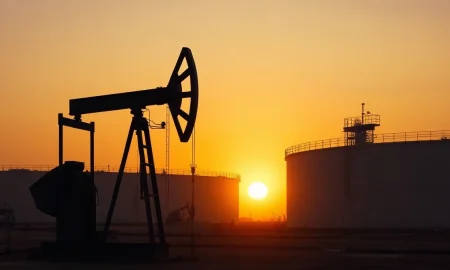 Oil pumpjack silhouetted against a sunset sky with storage tanks in the background