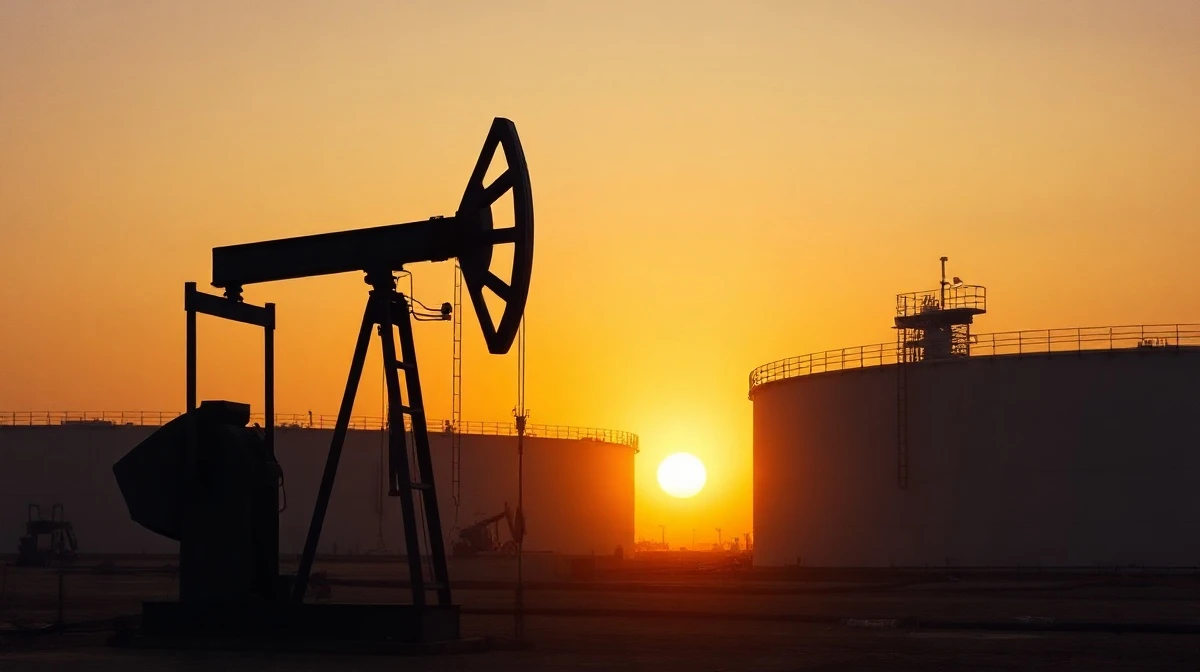 Oil pumpjack silhouetted against a sunset sky with storage tanks in the background