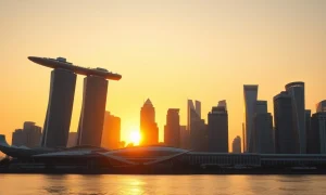 Sunrise over Singapore's Marina Bay financial district with clear sky