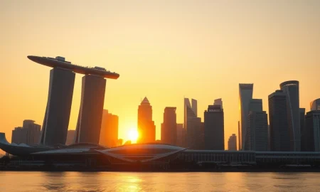 Sunrise over Singapore's Marina Bay financial district with clear sky
