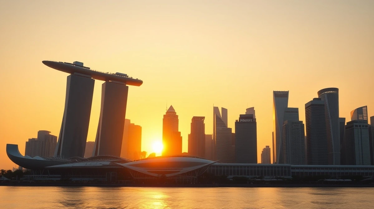 Sunrise over Singapore's Marina Bay financial district with clear sky