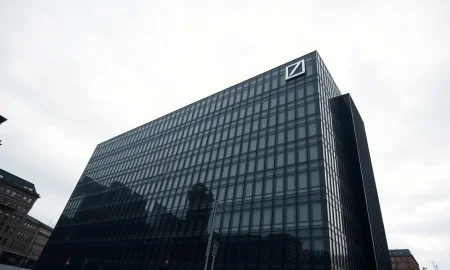 Deutsche Bank headquarters in Frankfurt on a cloudy day, reflecting stock decline news