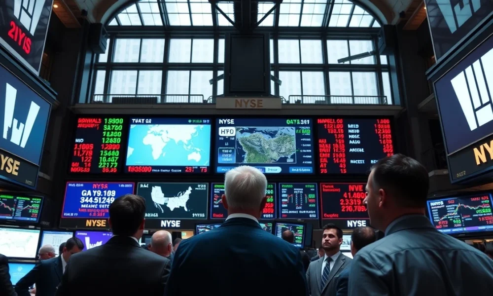 NYSE trading floor with Dow Jones screens and Middle East map showing muted market reaction to ceasefire news