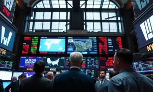 NYSE trading floor with Dow Jones screens and Middle East map showing muted market reaction to ceasefire news