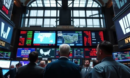 NYSE trading floor with Dow Jones screens and Middle East map showing muted market reaction to ceasefire news