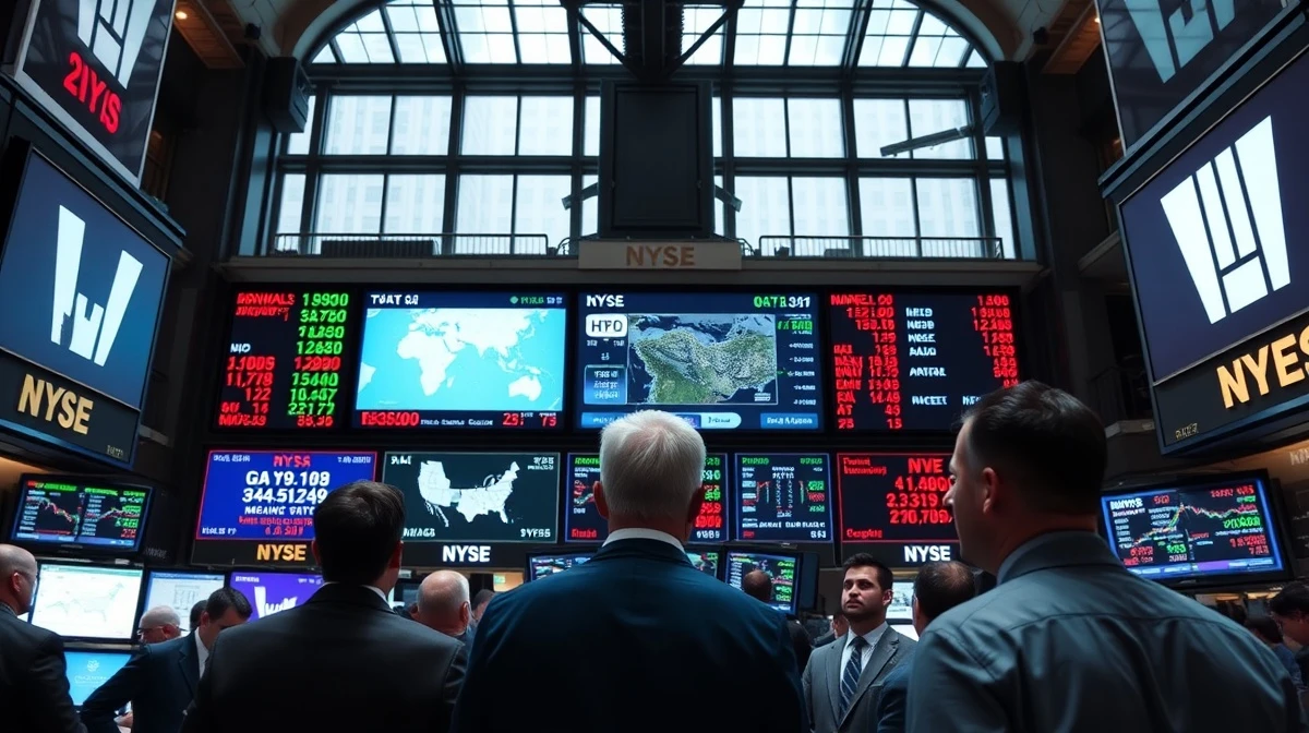 NYSE trading floor with Dow Jones screens and Middle East map showing muted market reaction to ceasefire news