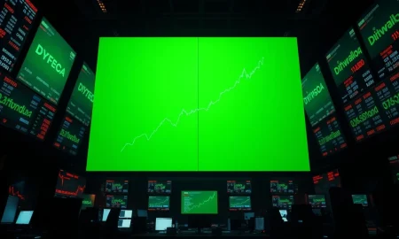 Dow Jones Industrial Average chart showing an upward trend on a trading floor screen.