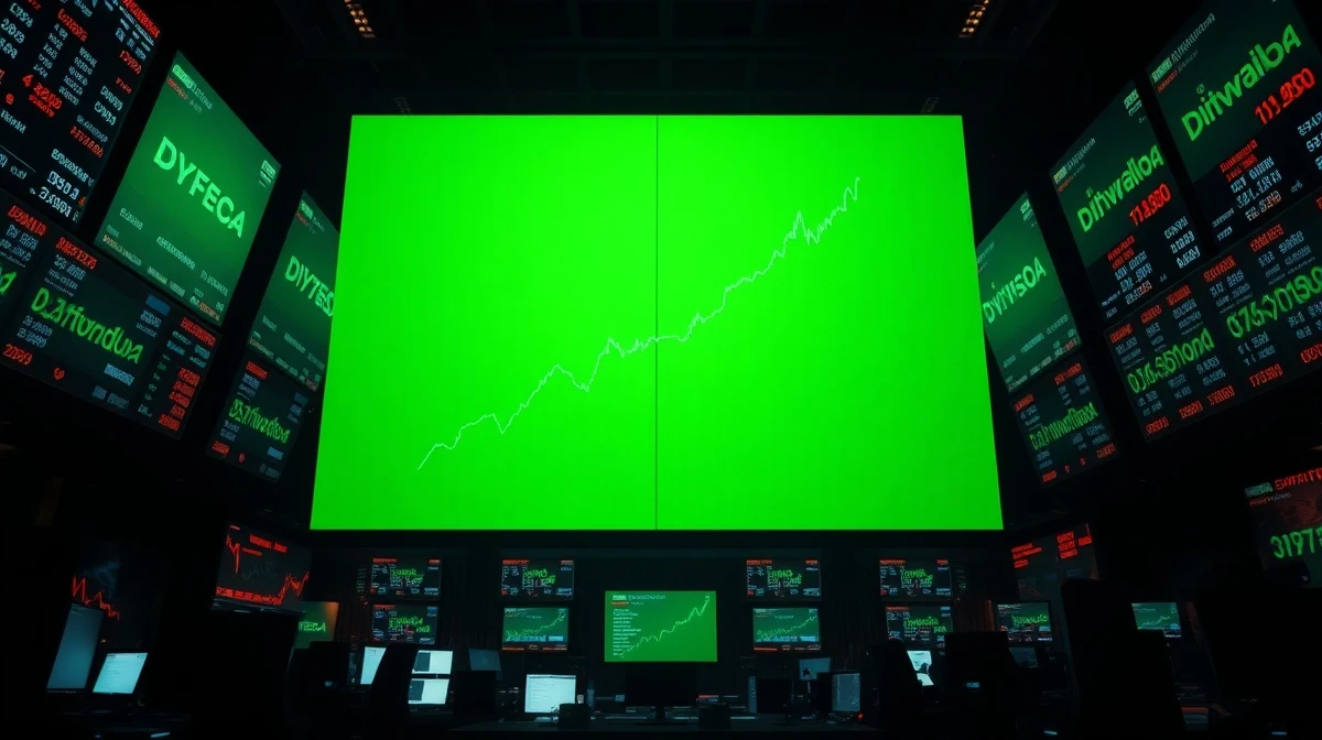 Dow Jones Industrial Average chart showing an upward trend on a trading floor screen.