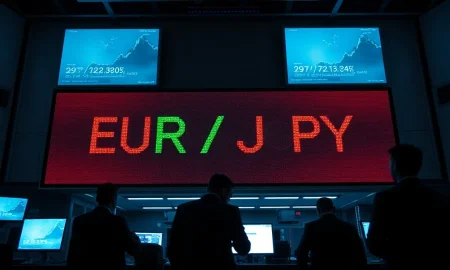 Trading floor with digital display showing EUR/JPY exchange rate data.