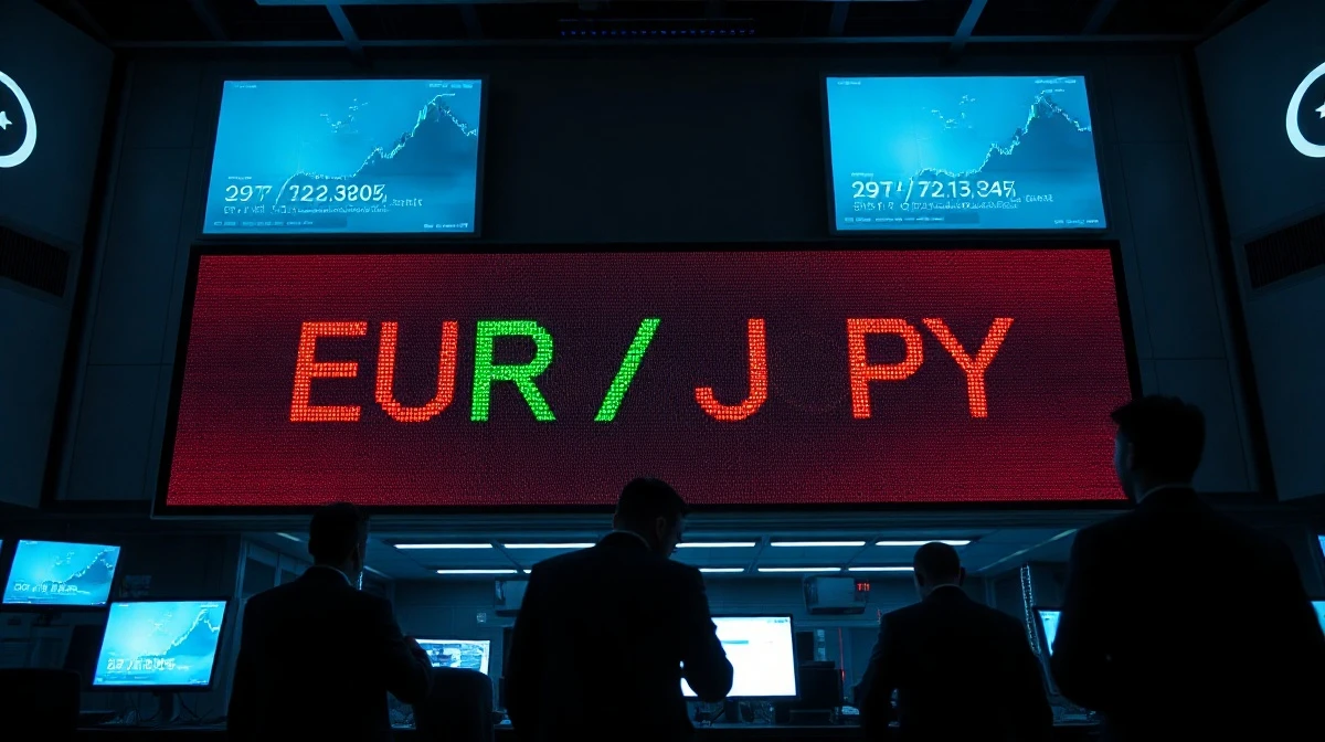 Trading floor with digital display showing EUR/JPY exchange rate data.