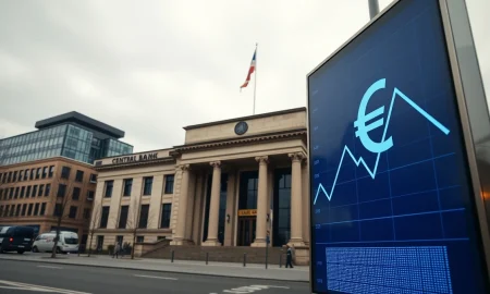 European Central Bank building in Frankfurt with a digital euro symbol and downward chart trend.