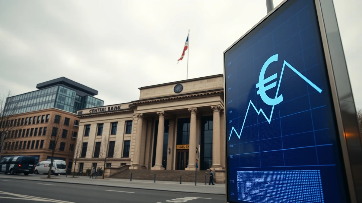 European Central Bank building in Frankfurt with a digital euro symbol and downward chart trend.