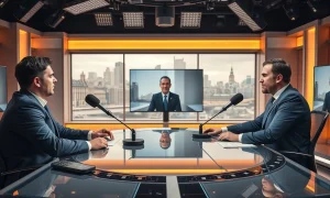 Two hosts at the ETN studio desk in London Kings Cross broadcasting a live tech news show