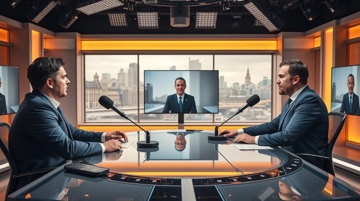 Two hosts at the ETN studio desk in London Kings Cross broadcasting a live tech news show