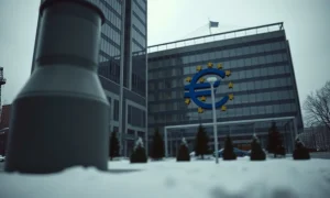 European Central Bank headquarters in Frankfurt on a cloudy day, with a blurred industrial silhouette in the foreground representing energy pressure.