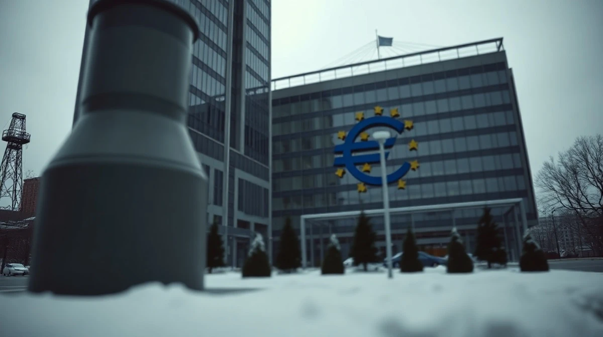European Central Bank headquarters in Frankfurt on a cloudy day, with a blurred industrial silhouette in the foreground representing energy pressure.
