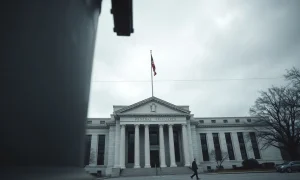 Exterior of the Federal Reserve building in Washington, D.C., on a cloudy day.