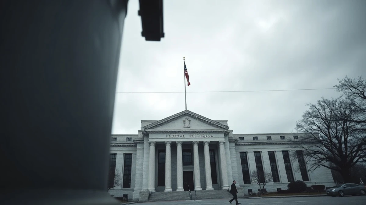 Exterior of the Federal Reserve building in Washington, D.C., on a cloudy day.