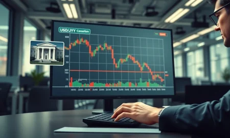 Digital screen showing USD/JPY chart and Federal Reserve building in a newsroom.