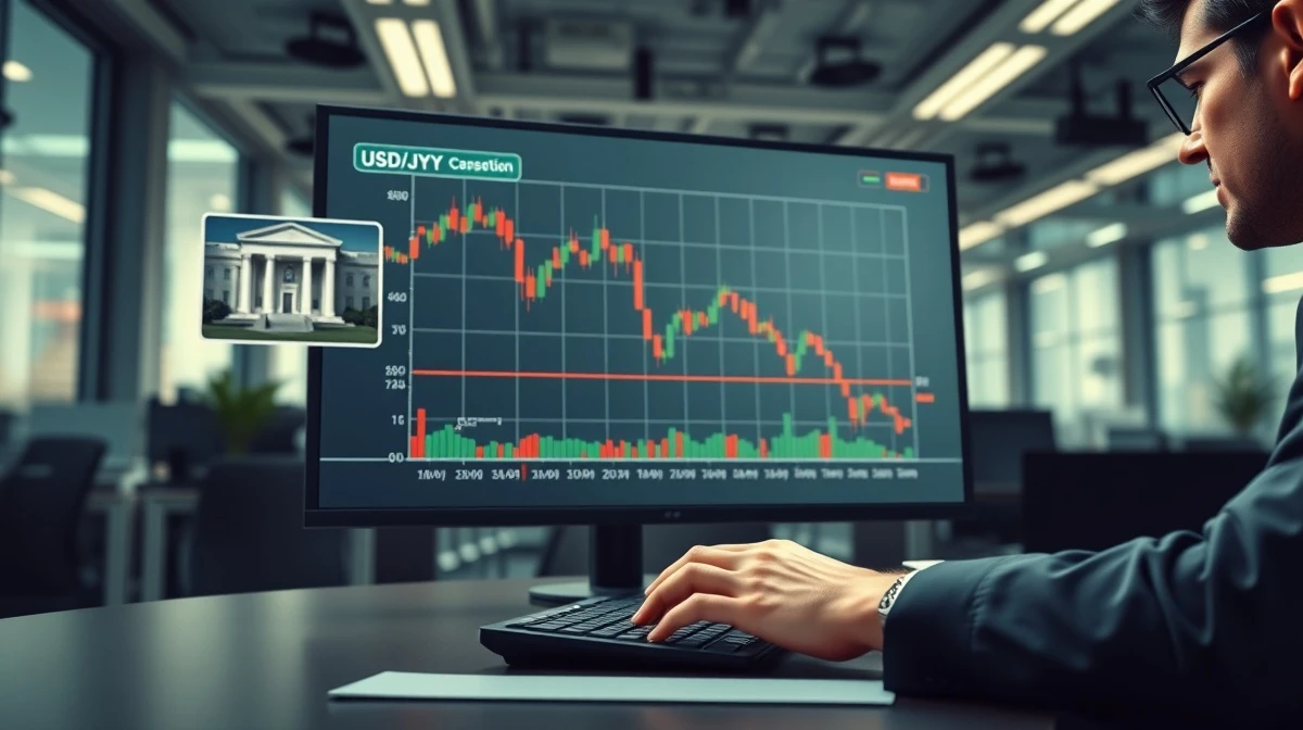 Digital screen showing USD/JPY chart and Federal Reserve building in a newsroom.