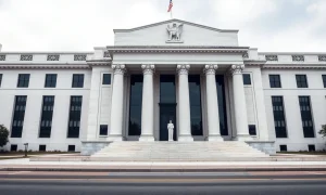 Exterior of the Federal Reserve building in Washington, D.C., under overcast skies.