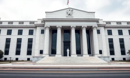 Exterior of the Federal Reserve building in Washington, D.C., under overcast skies.